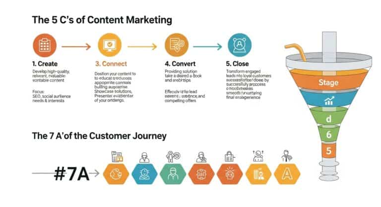 Content marketing: 5 C's (Create, Connect, Convert, Close) & Customer Journey - 7 A's diagram.